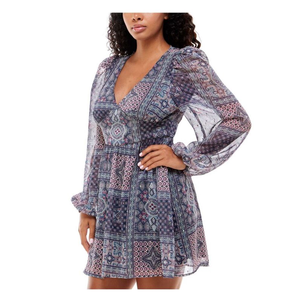 EMERALD SUNDAE Womens Navy Cutout-back Balloon Sleeve Short Fit + Flare Dress 1